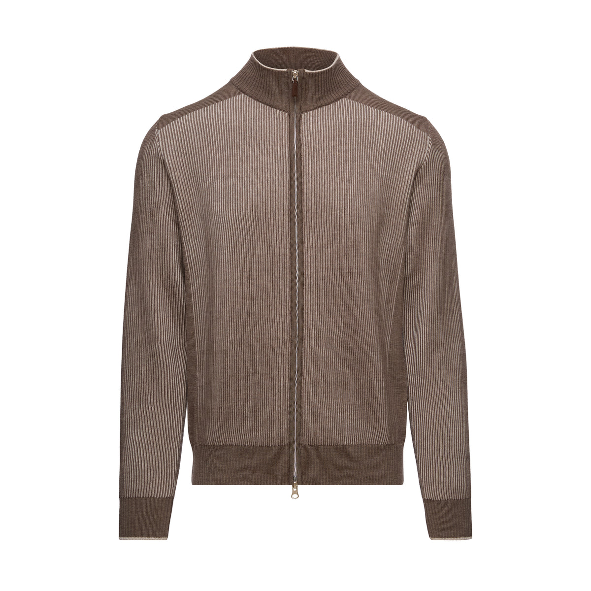 Mixed Panel Merino Zip Cardigan in Medium Brown — Emanuel Berg