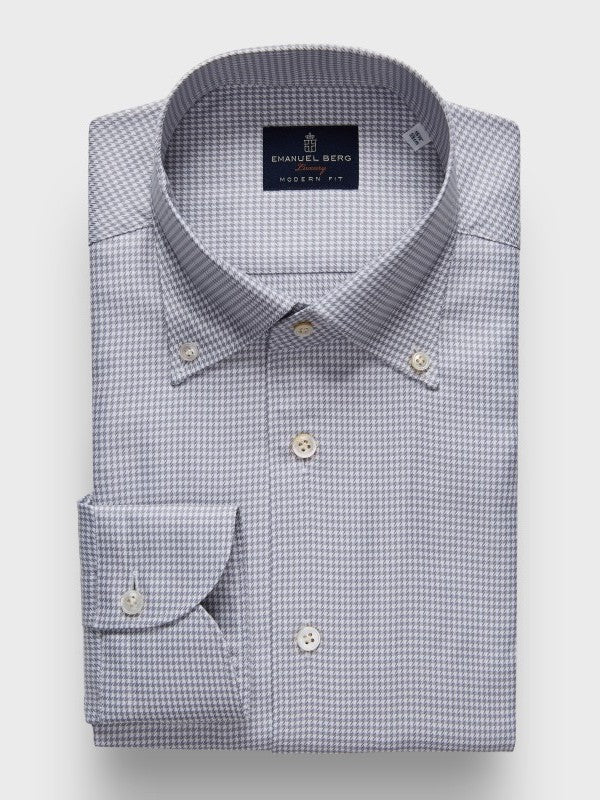 Houndstooth Cotton Twill Dress Shirt — Light Grey in Light Grey — Emanuel Berg