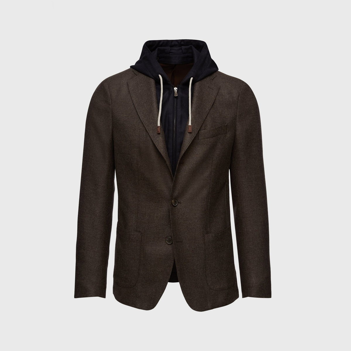 Wool-Cashmere Twill Jacket with Removable Hood — Dark Brown in Dark Brown — Emanuel Berg