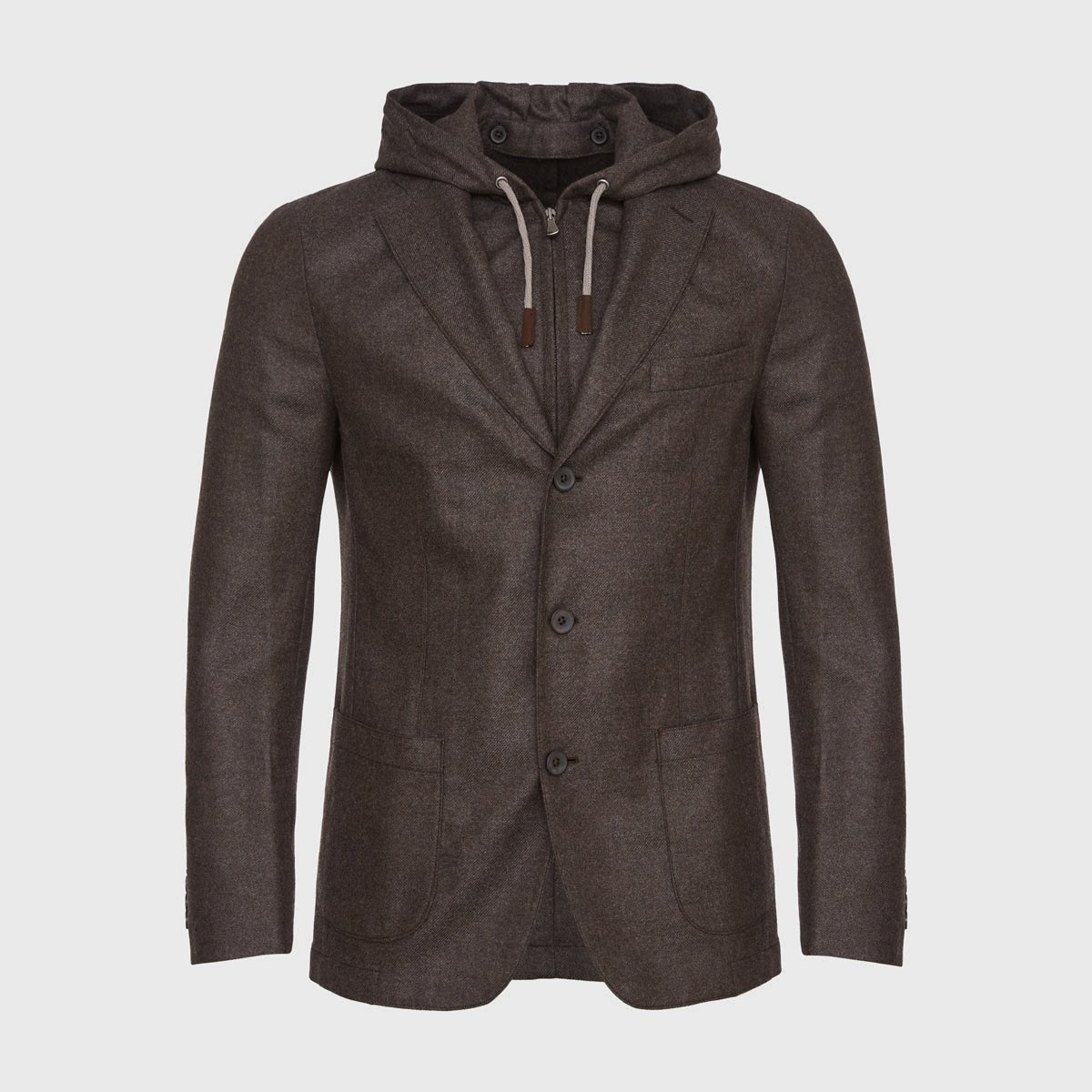 Wool-Cashmere Twill Jacket with Removable Hood — Dark Brown in Dark Brown — Emanuel Berg