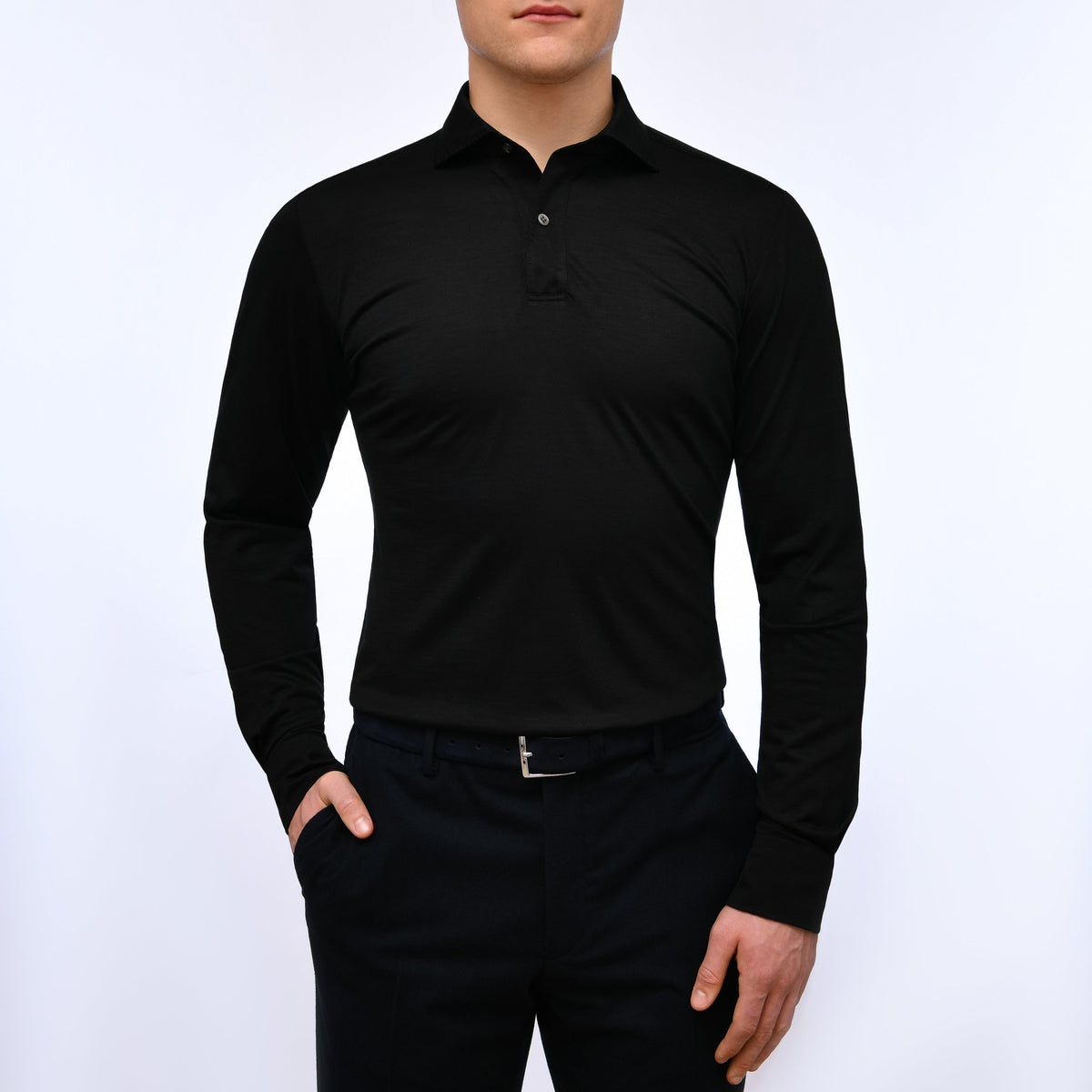 Wool Jersey Long-Sleeve Polo — Black in Black — Emanuel Berg