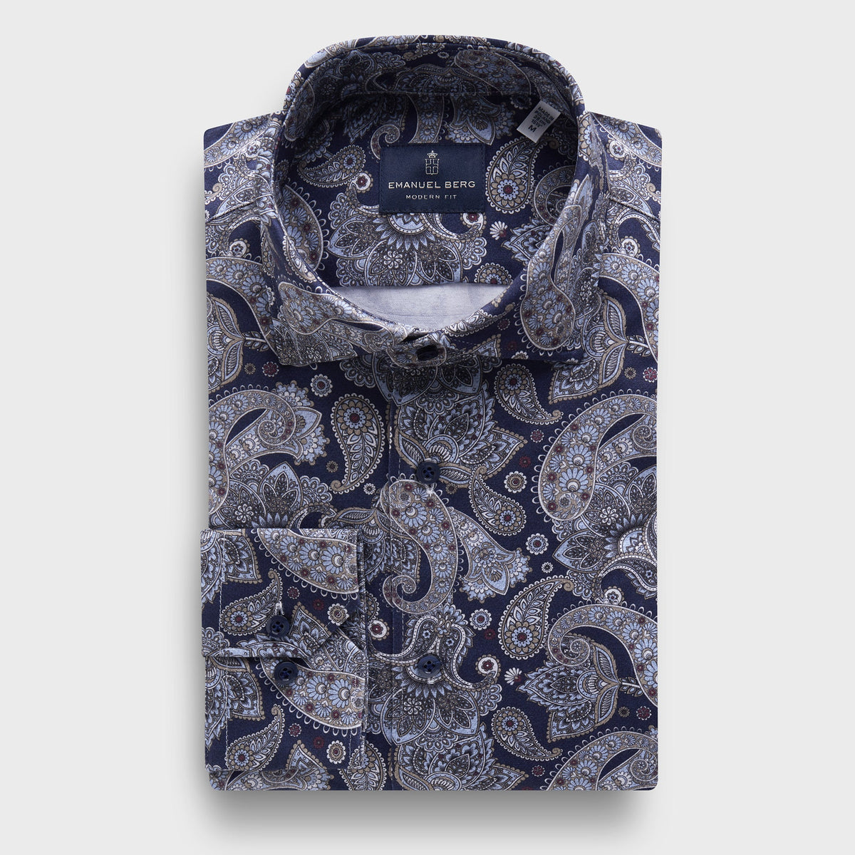Paisley-Print 4Flex Stretch Knit Shirt — Navy in Navy — Emanuel Berg
