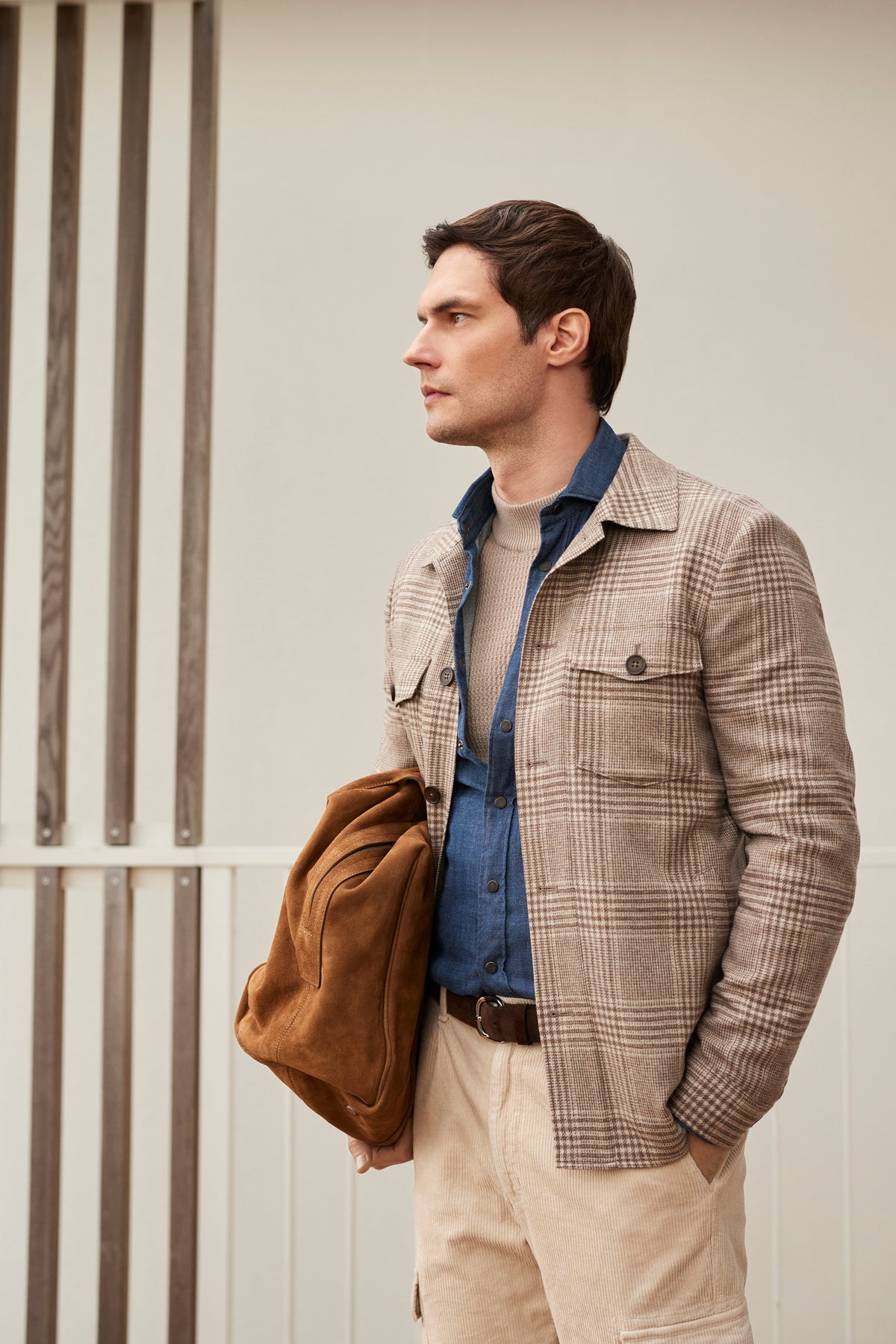 Checked Flannel Twill Deconstructed Shirt Jacket — Medium Brown in Medium Brown — Emanuel Berg
