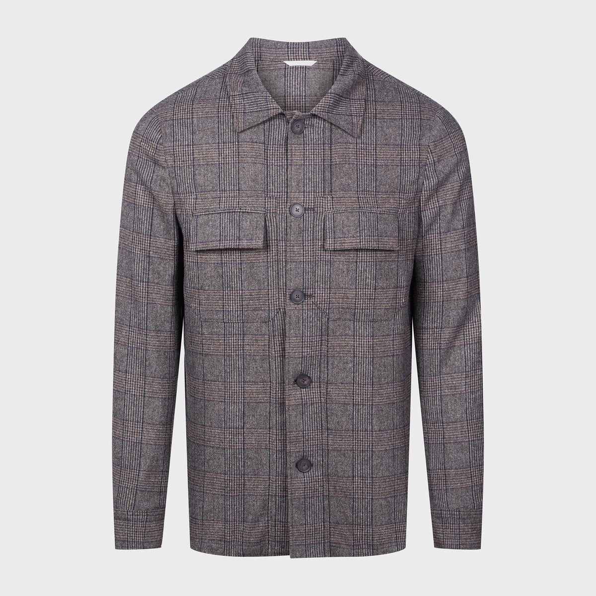 Checked Wool Jersey Deconstructed Shirt Jacket — Dark Brown in Dark Brown — Emanuel Berg