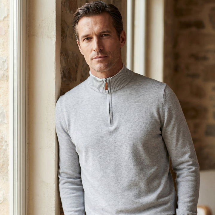 High Neck 1/4 Zip Sweater, worn — Emanuel Berg