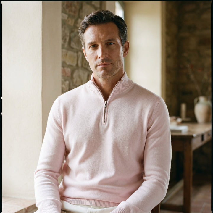 High Neck 1/4 Zip Sweater, worn — Emanuel Berg
