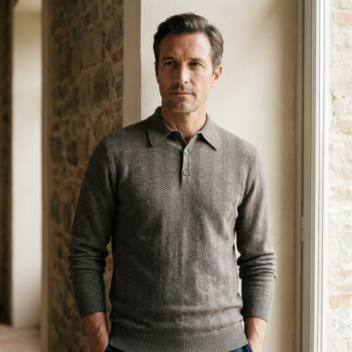 Lightweight Structured Long-Sleeve Polo, worn — Emanuel Berg