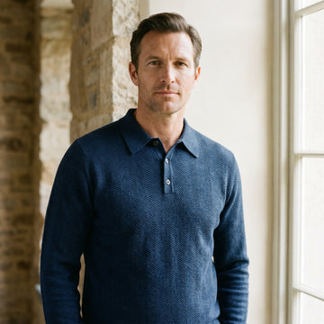 Lightweight Structured Long-Sleeve Polo, worn — Emanuel Berg