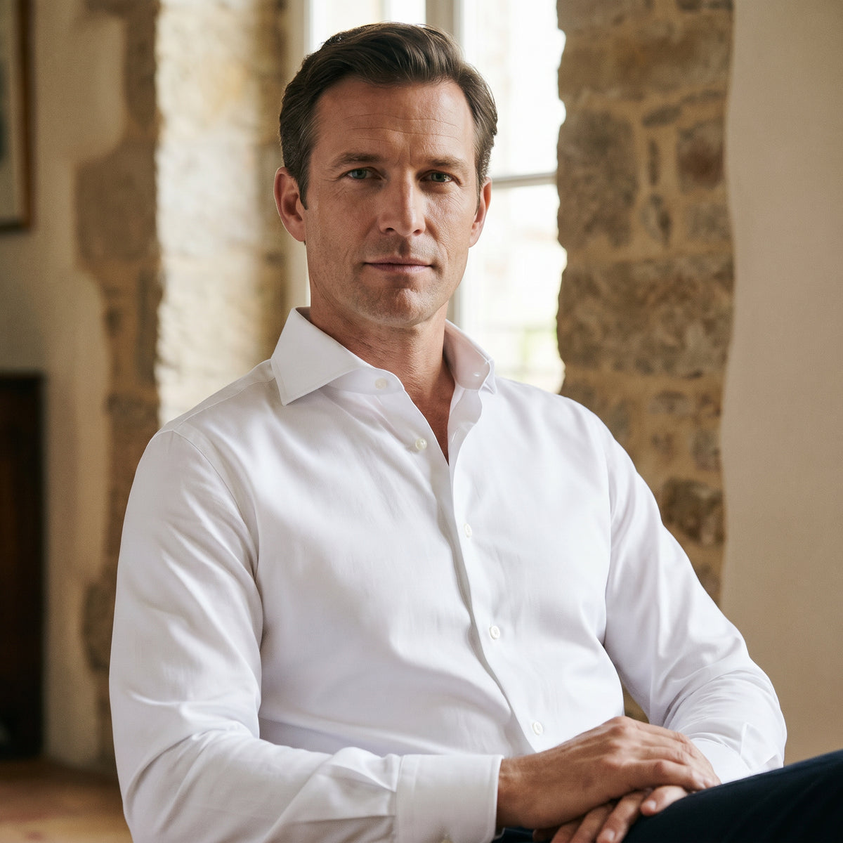 Slim Fit Traveller Cotton Dress Shirt in White — Emanuel Berg