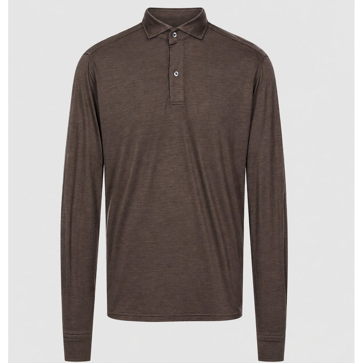 Wool Jersey Long-Sleeve Polo — Dark Brown in Dark Brown — Emanuel Berg