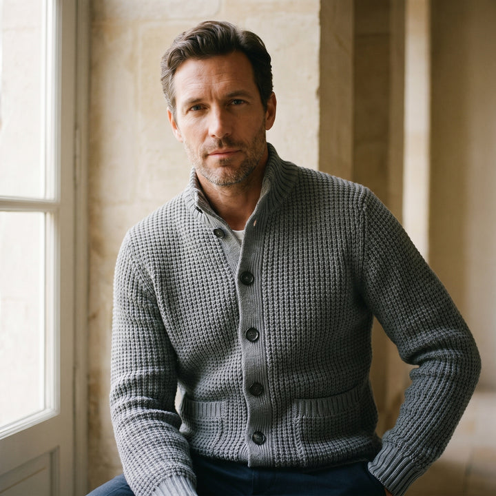 Premium Merino Wool Hybrid Cardigan, worn — Emanuel Berg