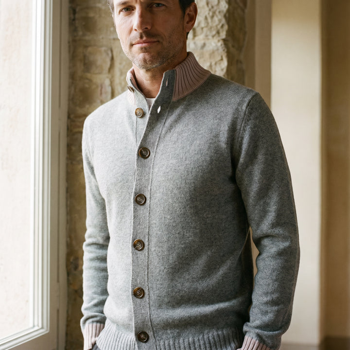 Merino Cashmere Button-Up Cardigan, worn — Emanuel Berg