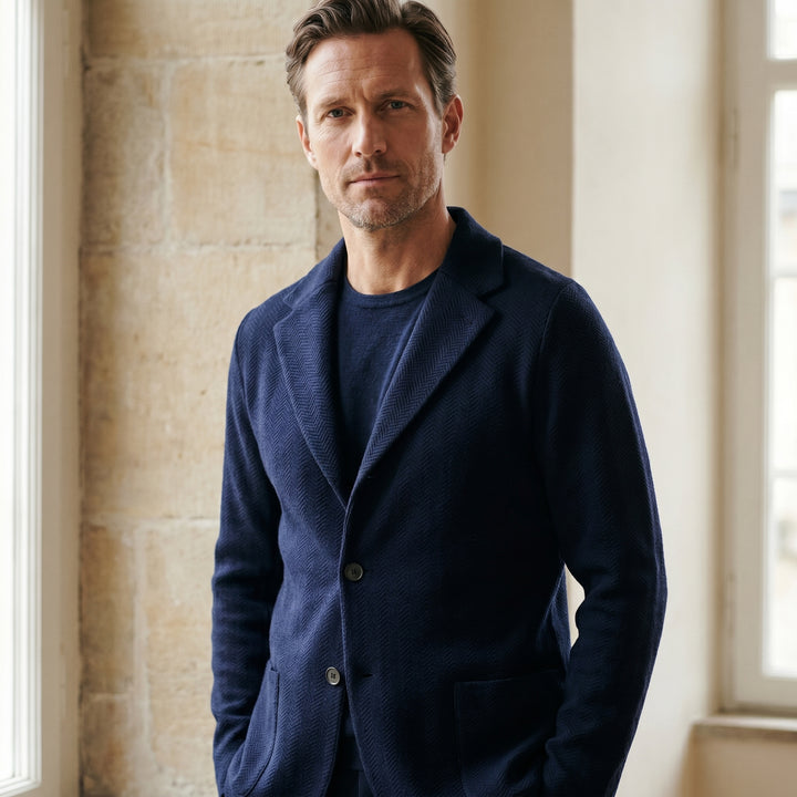 Structured Merino Swacket, worn — Emanuel Berg