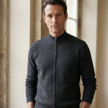Lightweight Merino Wool Zip Cardigan, worn — Emanuel Berg