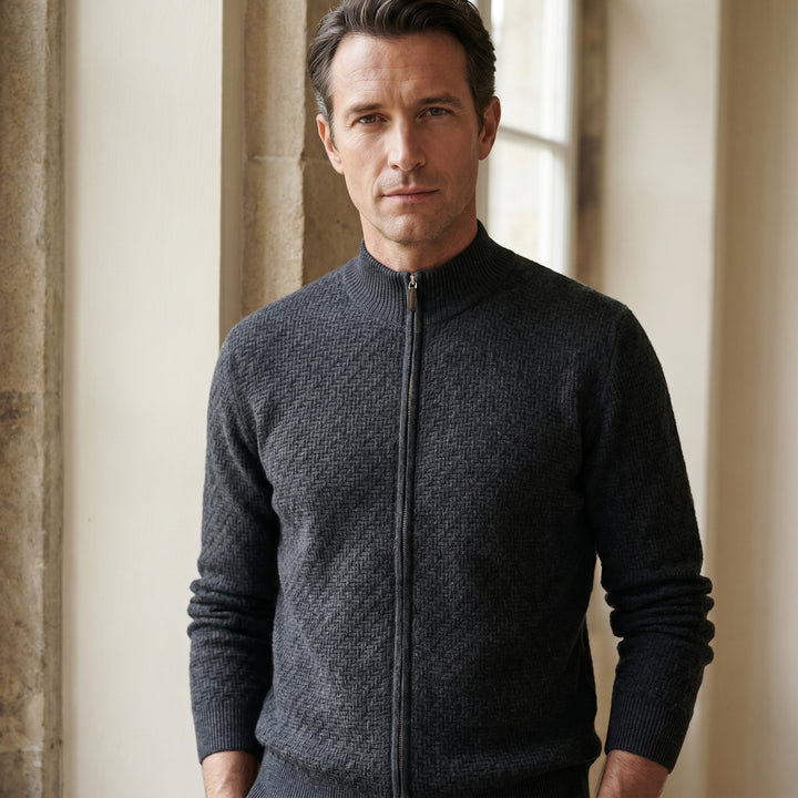 Lightweight Merino Wool Zip Cardigan, worn — Emanuel Berg