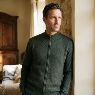 Lightweight Merino Wool Zip Cardigan, worn — Emanuel Berg