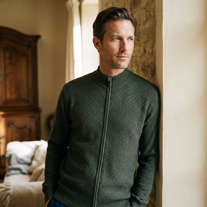 Lightweight Merino Wool Zip Cardigan, worn — Emanuel Berg