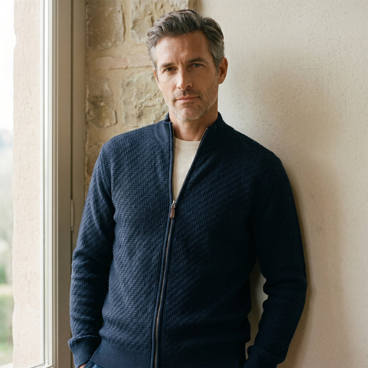 Lightweight Merino Wool Zip Cardigan, worn — Emanuel Berg