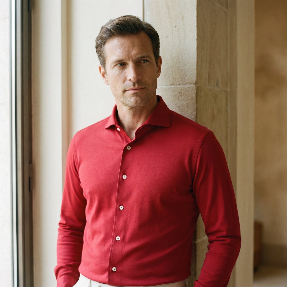 Long Sleeve Stretch Knit Shirt in Dark Red — Emanuel Berg