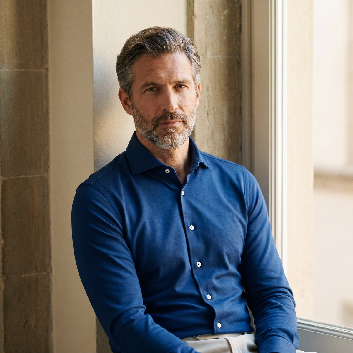 Long Sleeve Stretch Knit Shirt in Navy — Emanuel Berg