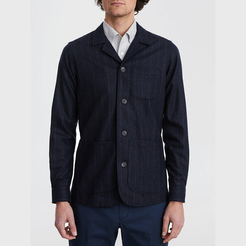 Stripe Wool D-Constructed Shirt Jacket in Navy — Emanuel Berg