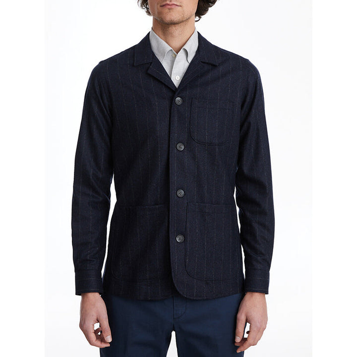 Stripe Wool D-Constructed Shirt Jacket in Navy — Emanuel Berg