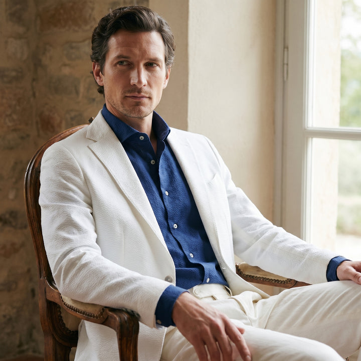 Seersucker Deconstructed Shirt Jacket, worn — Emanuel Berg