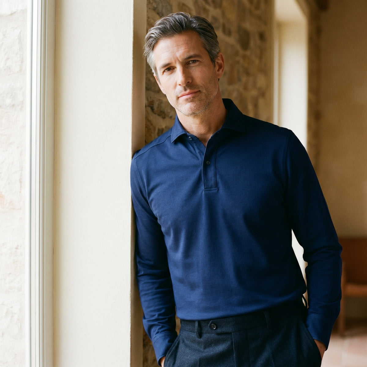 Jacquard Luxe Knit Polo in Navy — Emanuel Berg