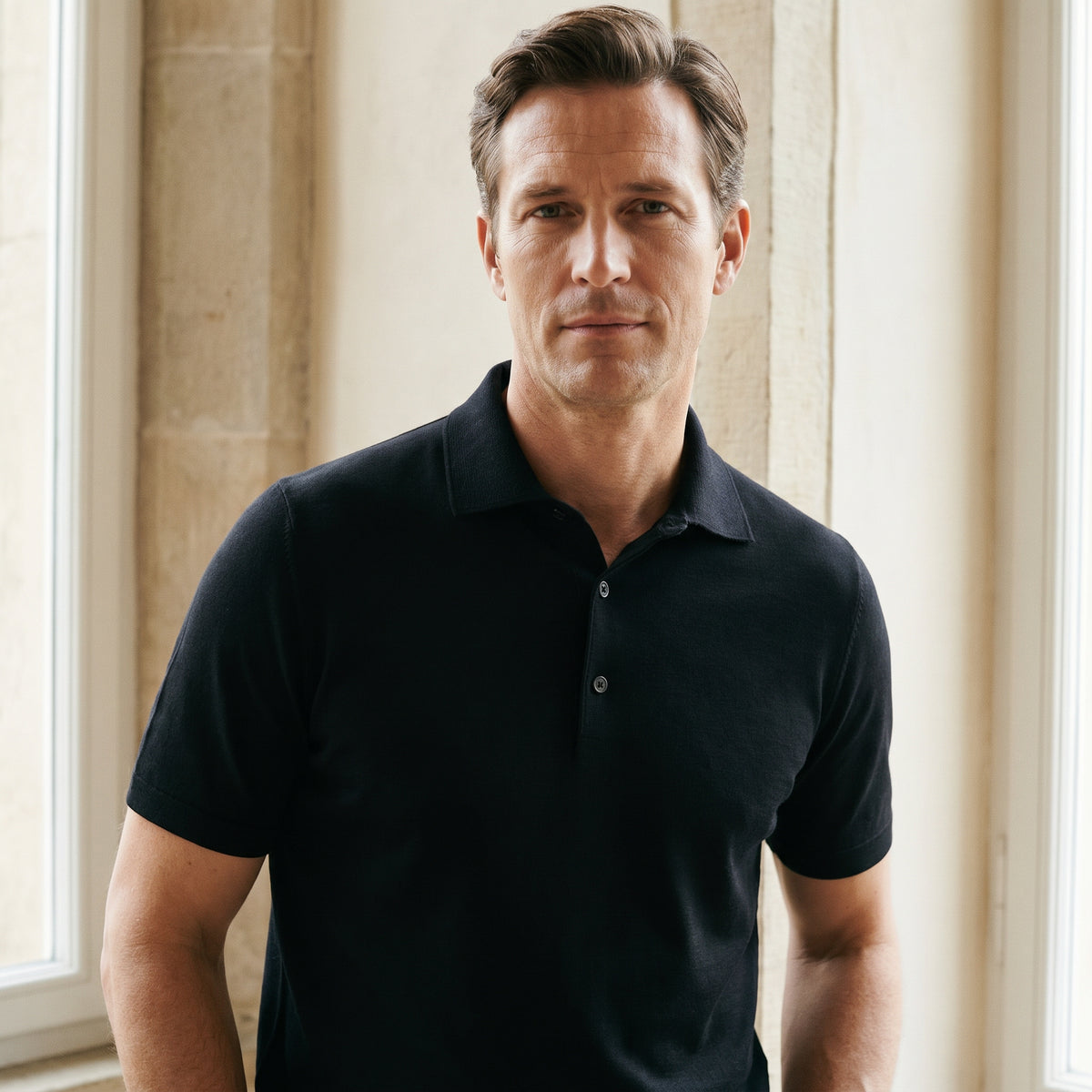 Textured Jacquard Short-Sleeve Polo in Black — Emanuel Berg