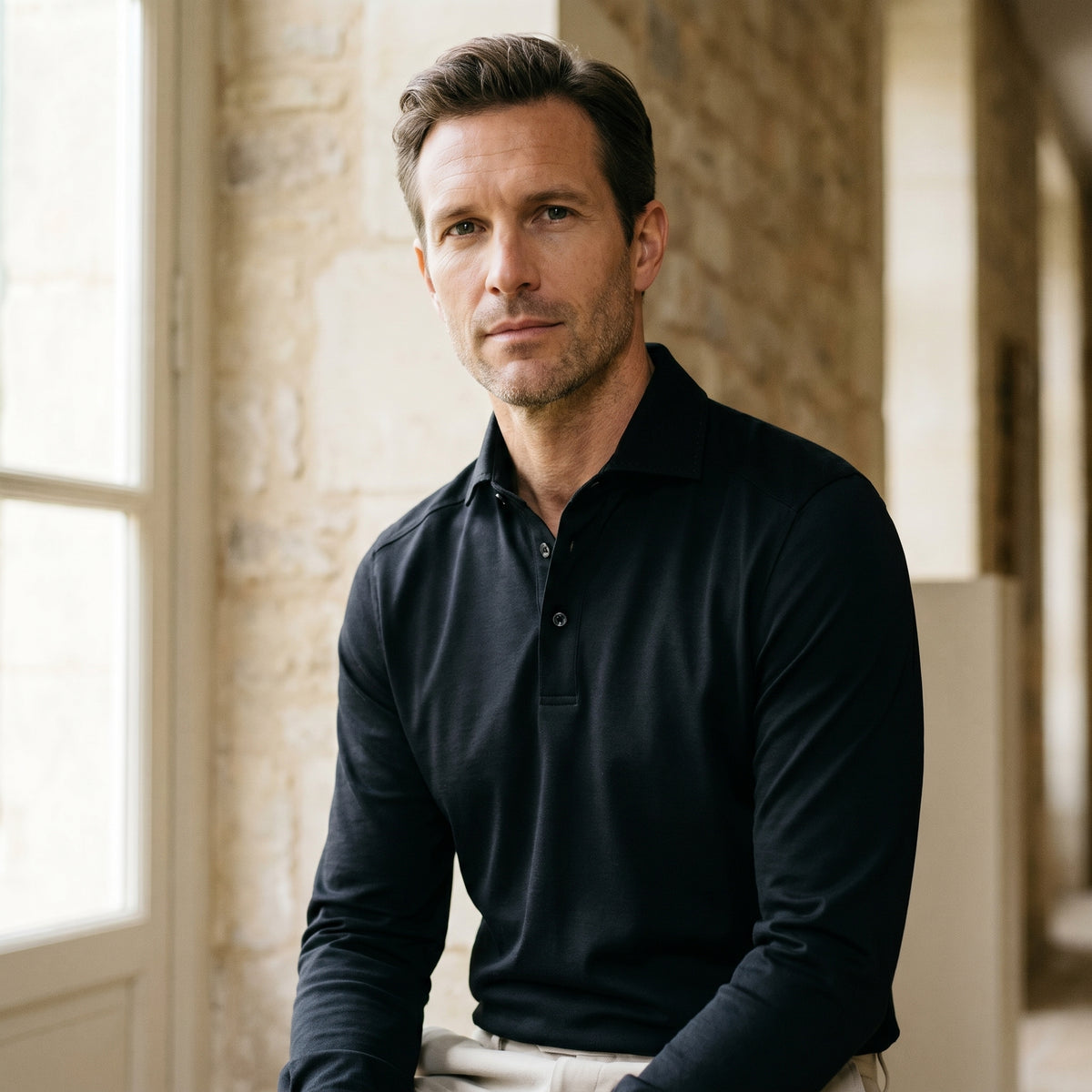 Jacquard Luxe Knit Polo in Black — Emanuel Berg