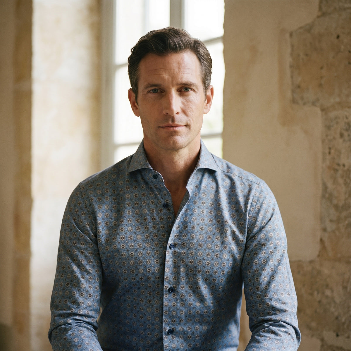 Geometric Print Flannel Shirt in Medium Blue — Emanuel Berg