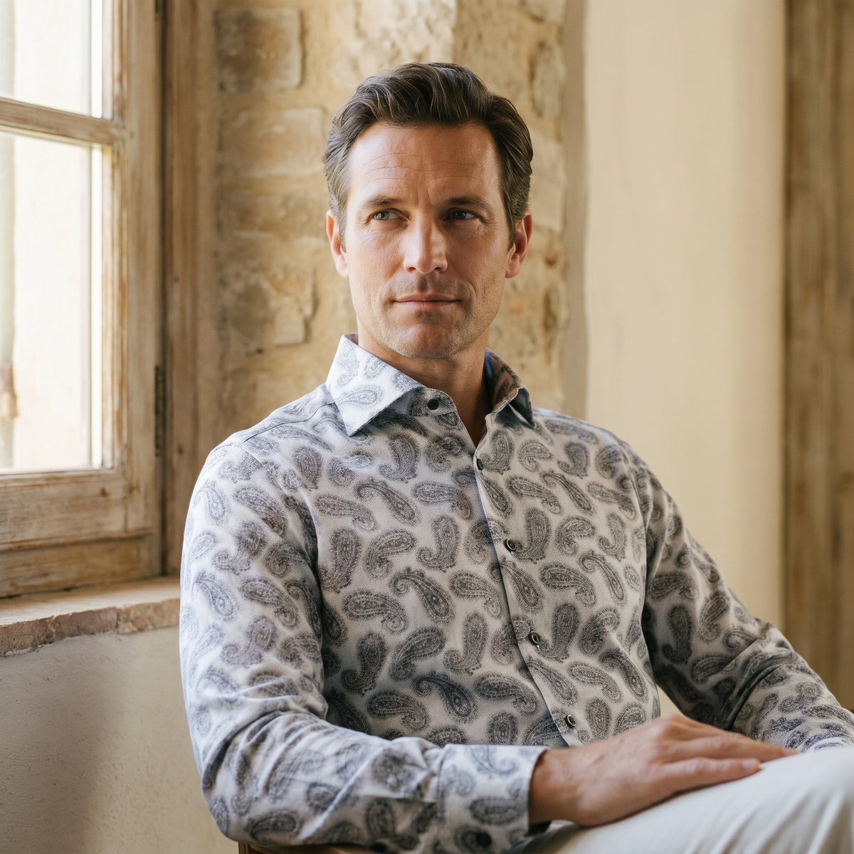Dobby Printed Dress Shirt in Light Grey — Emanuel Berg