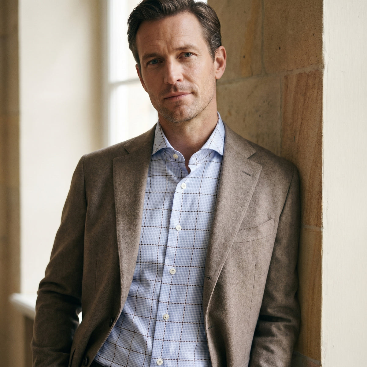 Checked Cotton Twill Dress Shirt in Bright Blue — Emanuel Berg