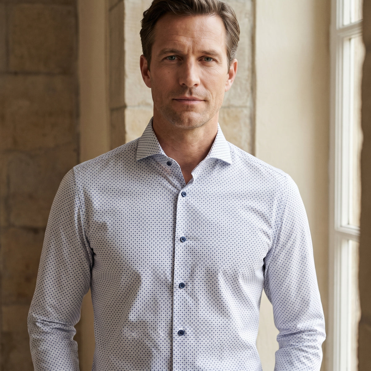Printed Poplin Dress Shirt in Bright Blue — Emanuel Berg