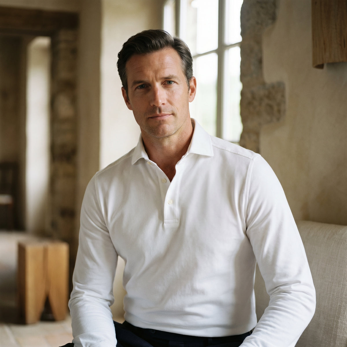 Jacquard Luxe Knit Polo in White — Emanuel Berg