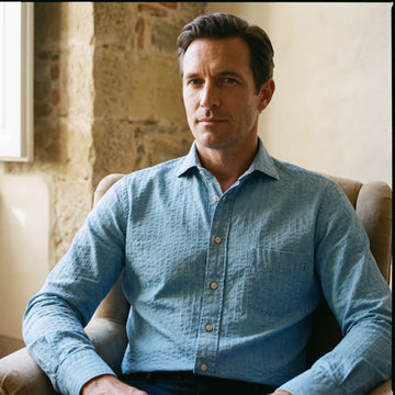 Washed Crinkle Denim Casual Shirt, worn — Emanuel Berg