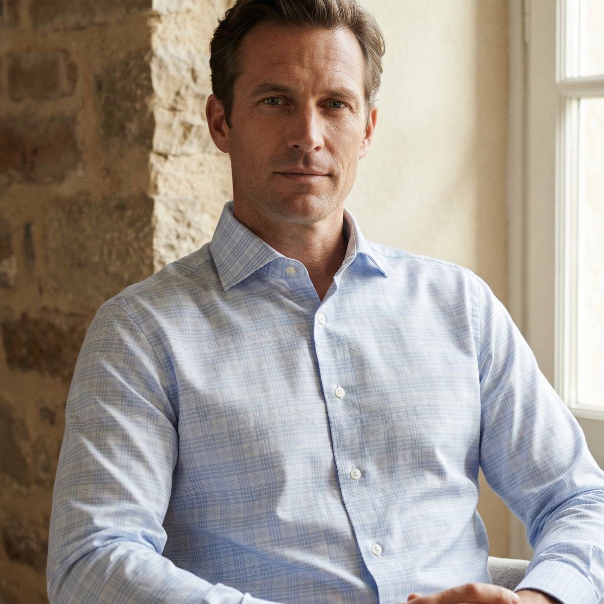 Checked Yoga Twill Premium Stretch Shirt in Light Pastel Blue — Emanuel Berg