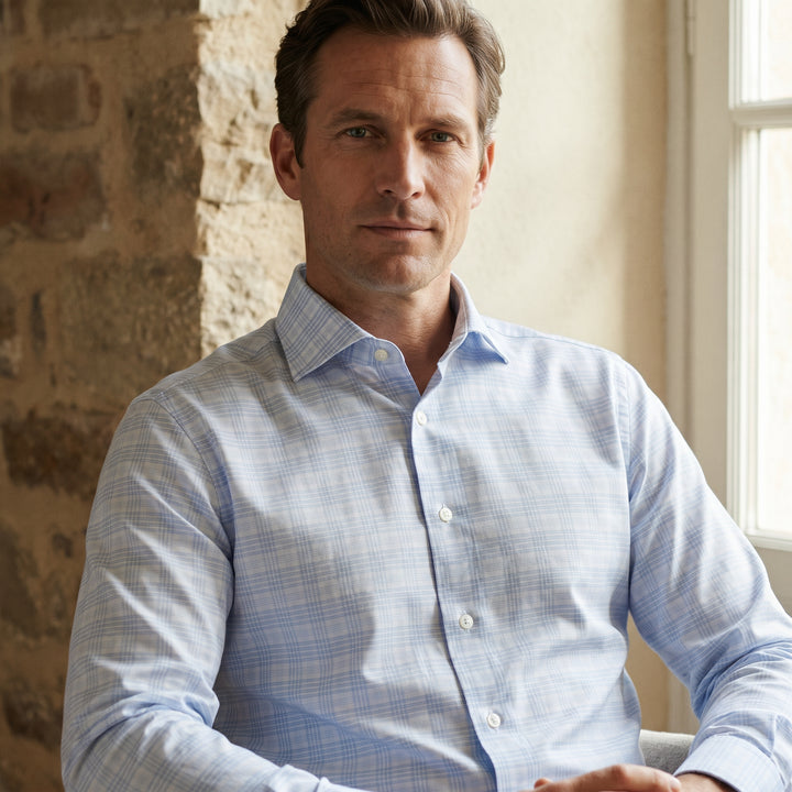 Checked Yoga Twill Premium Stretch Shirt, worn — Emanuel Berg