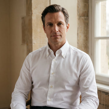 Natural Stretch Cotton Dobby Yoga Dress Shirt, worn — Emanuel Berg