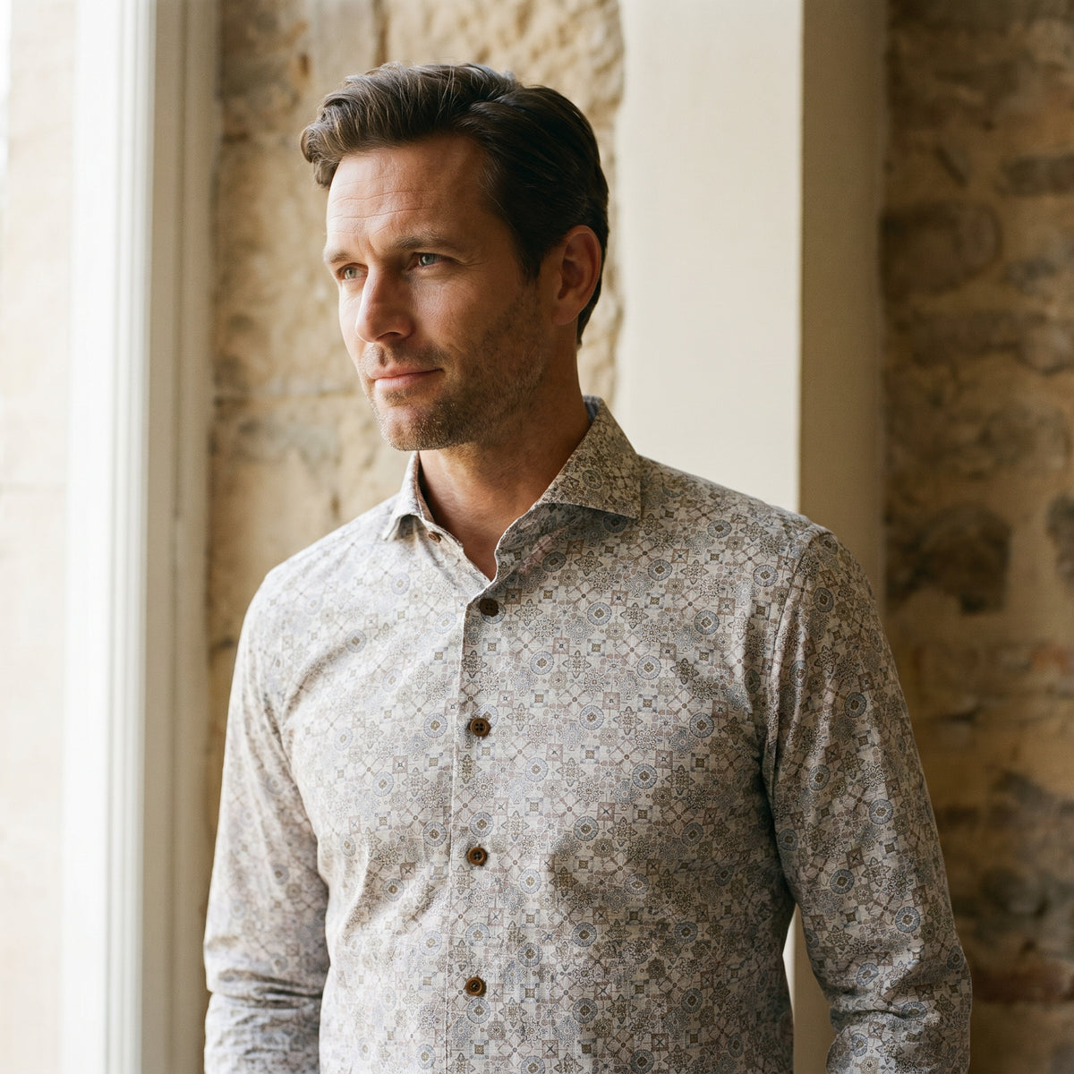 Dobby Printed Cotton Dress Shirt in Beige — Emanuel Berg