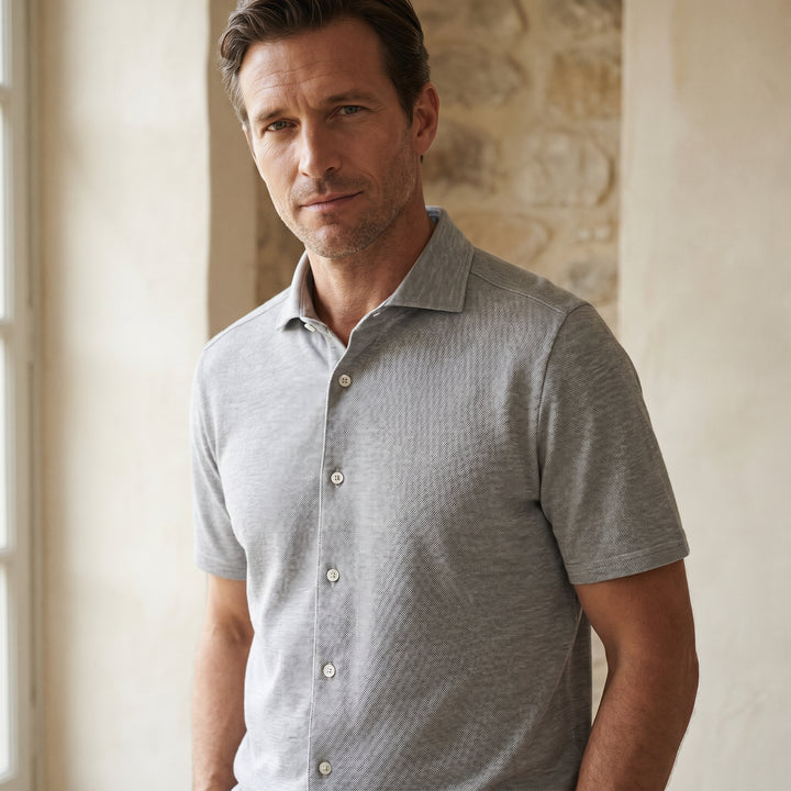 Short Sleeve Jacquard Knit Full Button Shirt, worn — Emanuel Berg