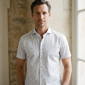 Printed Stretch Poplin Short Sleeve Casual Shirt, worn — Emanuel Berg