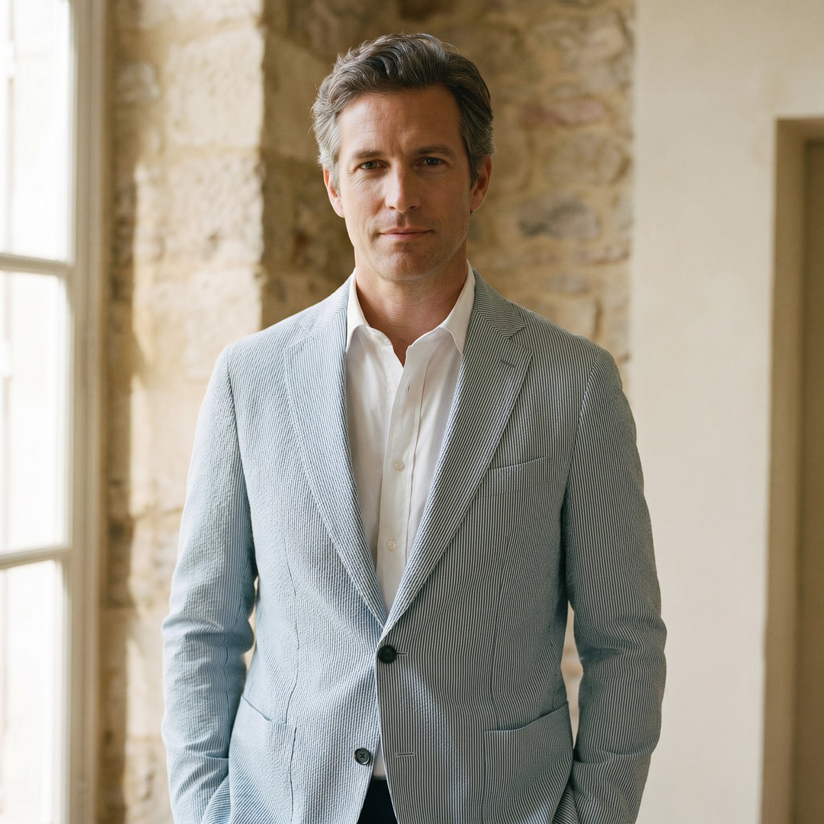 Seersucker Deconstructed Jacket in Medium Green — Emanuel Berg