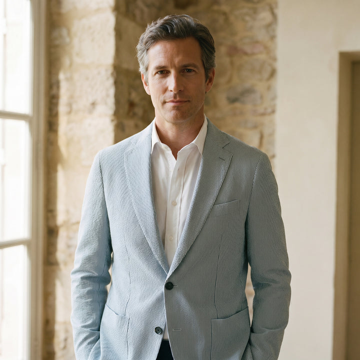 Seersucker Deconstructed Jacket, worn — Emanuel Berg