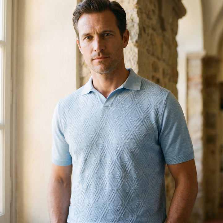 Short Sleeve Jacquard Knit Polo, worn — Emanuel Berg