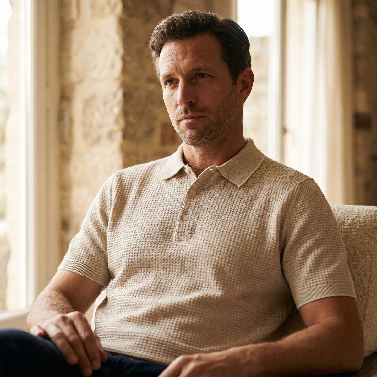Short Sleeve Structured Polo in Light Beige — Emanuel Berg
