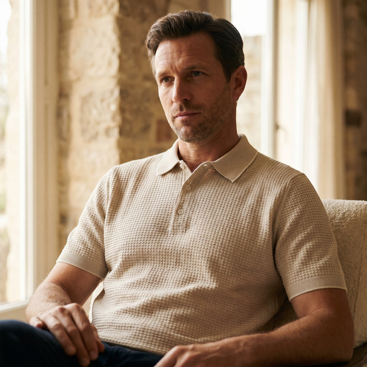 Short Sleeve Structured Polo, worn — Emanuel Berg