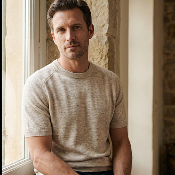 Raglan Linen Short Sleeve Crew Neck, worn — Emanuel Berg
