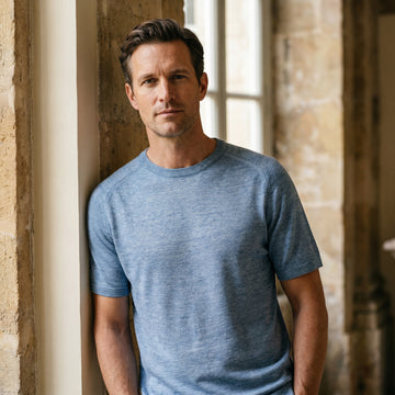 Raglan Linen Short Sleeve Crew Neck, worn — Emanuel Berg