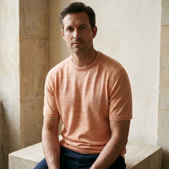 Raglan Linen Short Sleeve Crew Neck, worn — Emanuel Berg